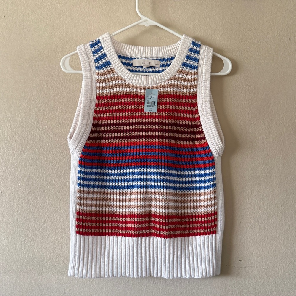 NWT LOFT Striped Sweater Vest Multicolor Knit Medium Petite Preppy Academia